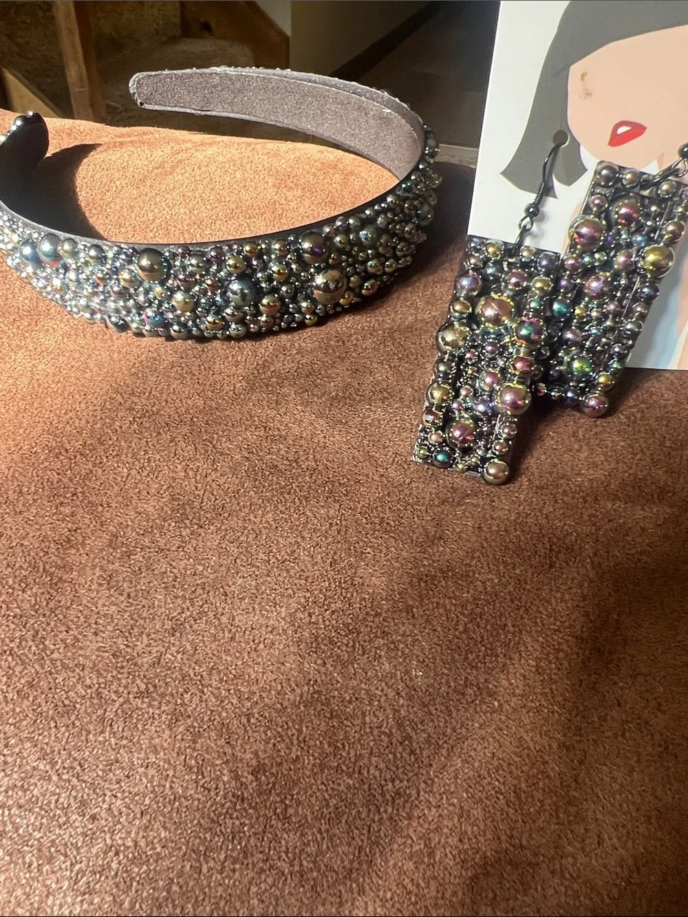 Beaded Black Iridescent Headband and Earrings Set